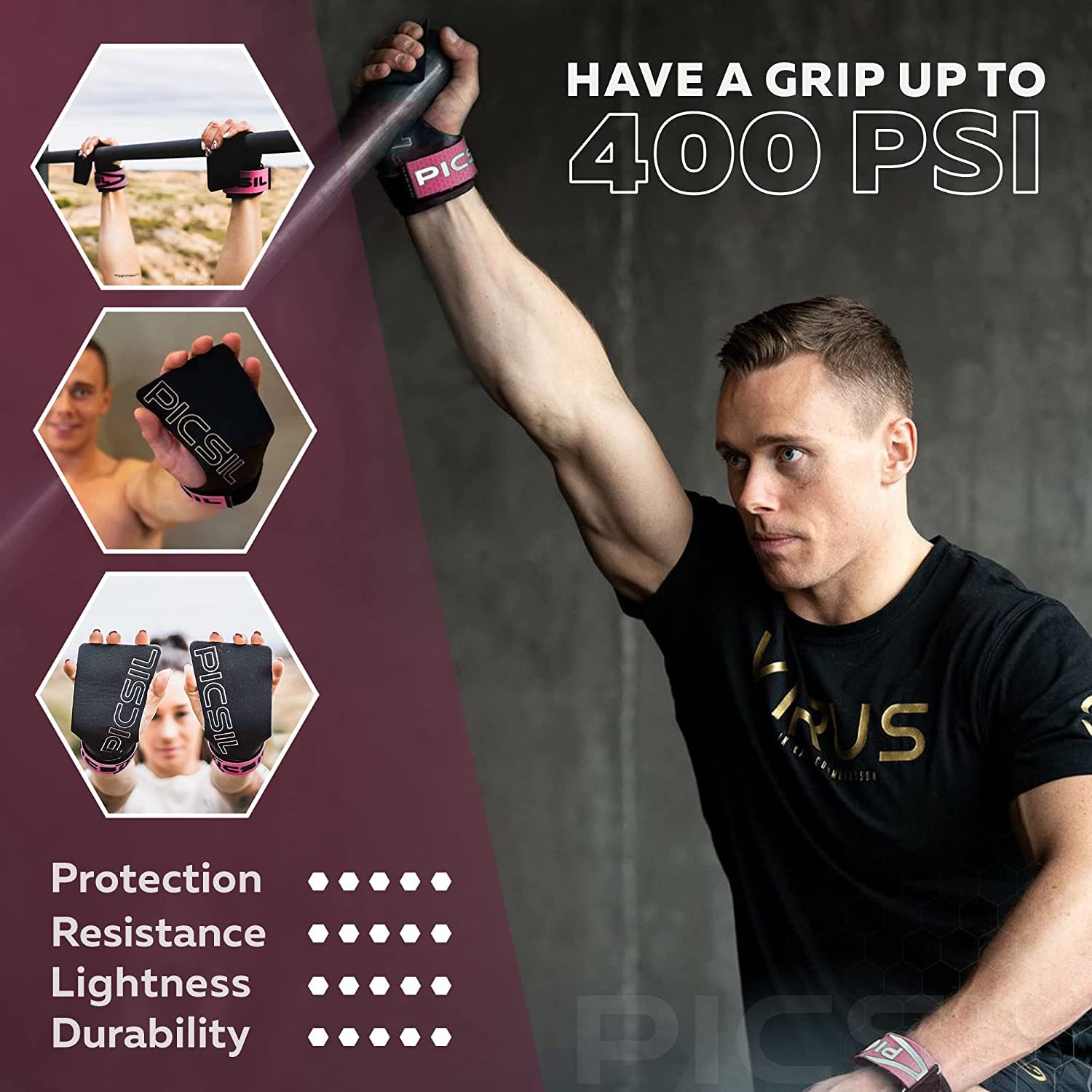 PICSIL Golden Eagle Hand Grips, Fingerless Grip Gloves Wrist Support for Weightlifting & Gymnastics with Micro-Diamond Technology for Magnesium Retention, Blocks Tears & Blisters - Image 5