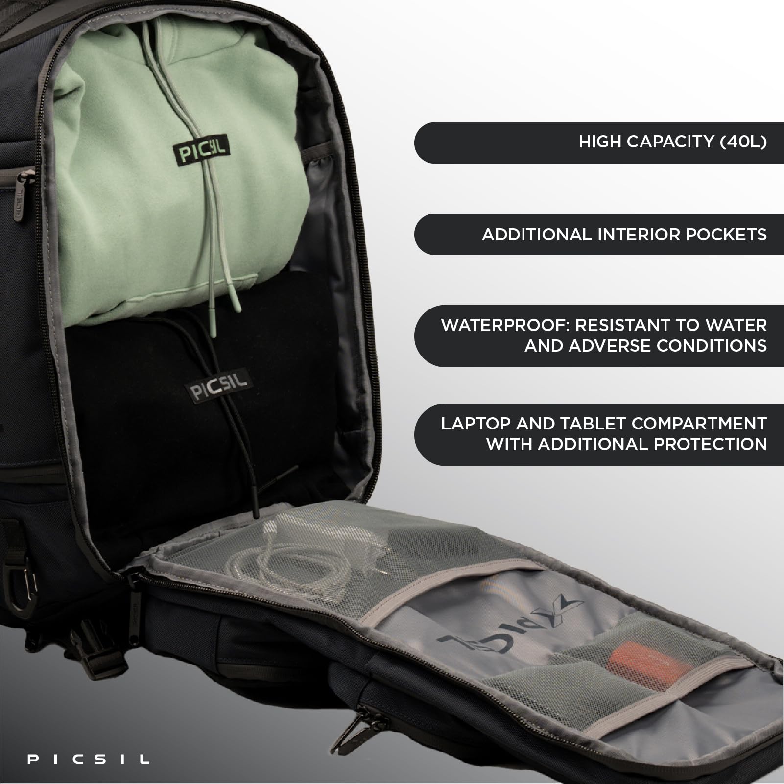 PICSIL - Tactical Backpack Maverick 2.0 | Waterproof 40L | Ideal for Cross training, Camping, Hiking | USB Port and C-Type Charging | Polyester Material | Navy - Image 3
